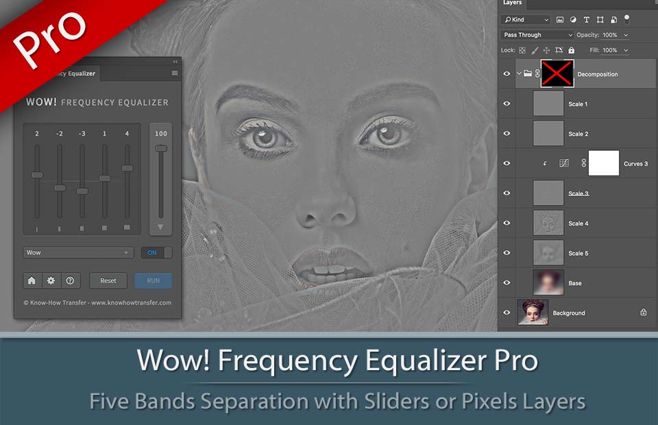 The Panel and the Decompose window of Wow! Frequency Equalizer Pro with a sample of scale layer