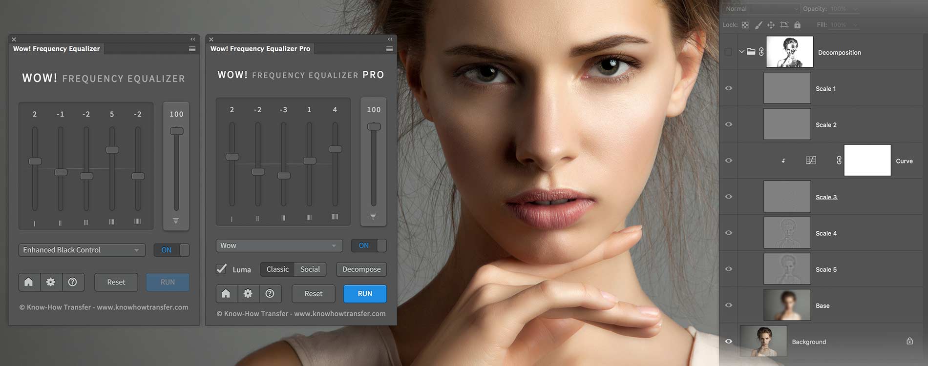 Wow Frequency Equalizer Classic and Pro Edition panel and decompose window and a woman portait