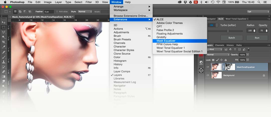 Open Mask Equalizer from the Photoshop/Windows/Extensions menu. Mask Equalizer Training Page