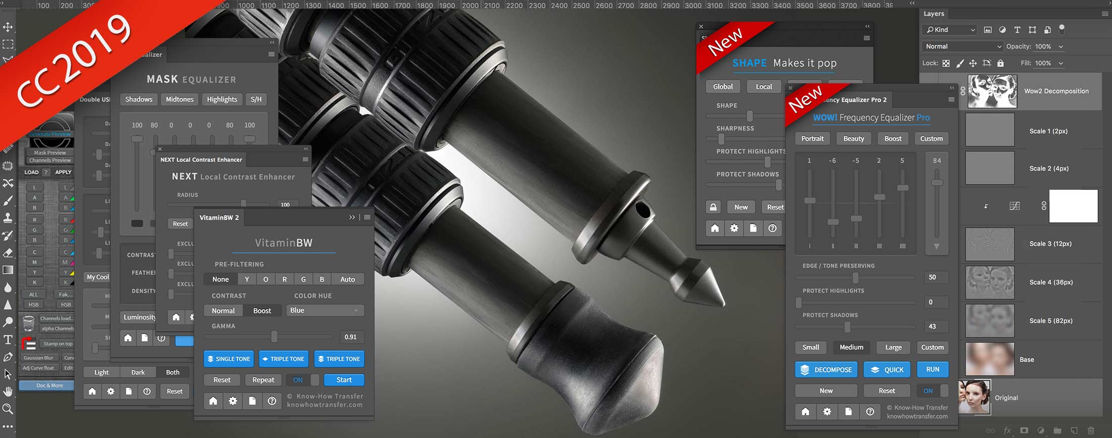 Know-How Transfer Plugins Range. On the backgraund a detail of two Gitzo Professional Spikes